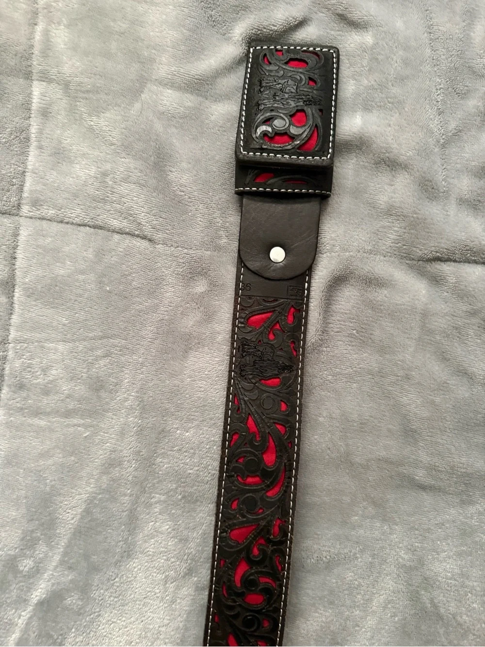 Men's Leather Belt with Red Inlay and Decorative Cutwork